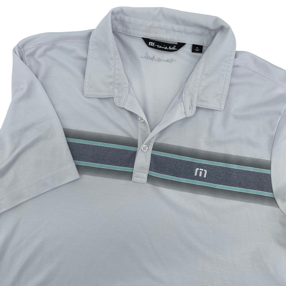 Travis Mathew Mens XL Light Blue Striped Golf Polo Shirt Made in‎ Peru